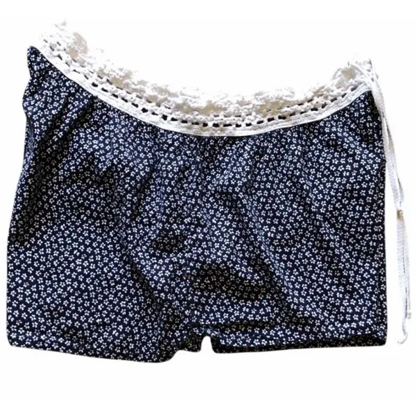 Aerie Navy Floral Lounge Shorts Crochet Waist Drawstring Women’s Large - Image 5
