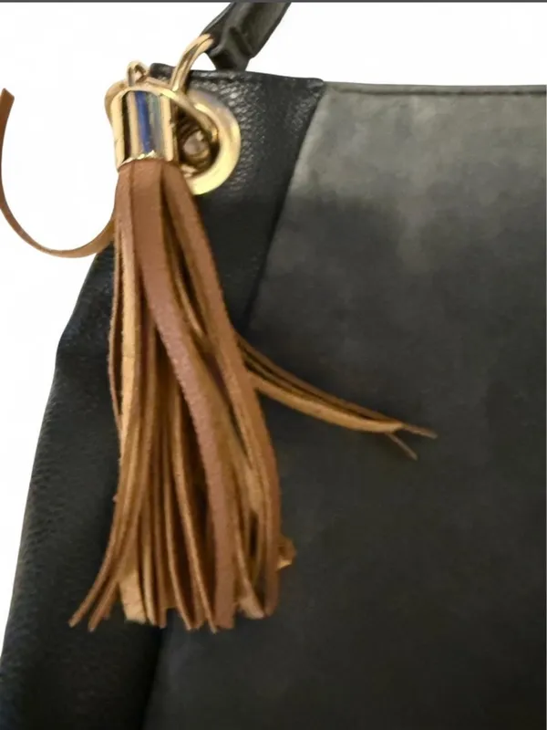 PRIMARK Mixed Media Slouchy Hobo Bag Black Faux Suede Leather Brown Tassels - Image 2