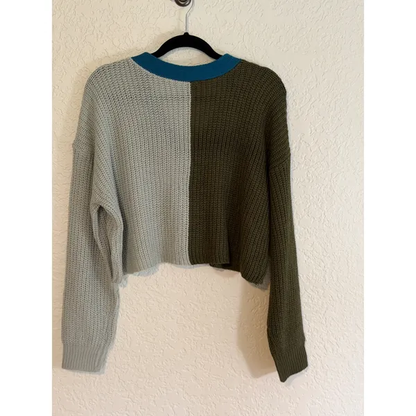 True Craft Cardigan Multicolor Green Blue L Women Colorblock Cropped Knit V-Neck - Image 10