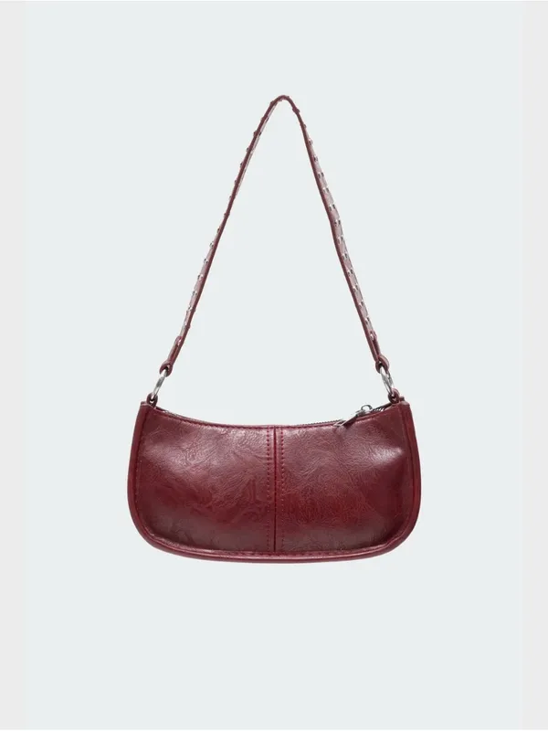 Studded Strap Faux Leather Shoulder Bag - Burgundy / Dark Red - Image 2