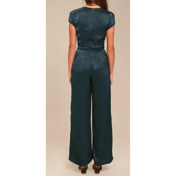 NWT Lulus Size Medium Let Me Entertain You Dark Green Satin‎ Wide-Leg Jumpsuit - Image 2