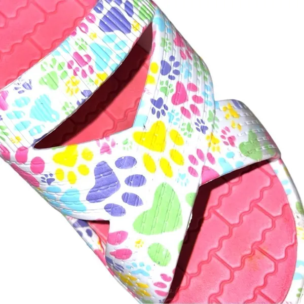 Unbranded white slip on sandals with colorful paw print design! - Image 3