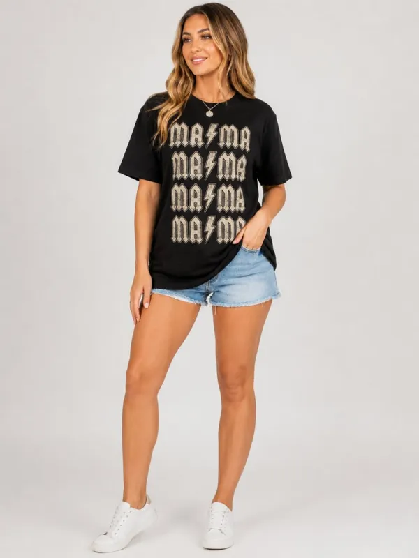 Black MAMA Lightning Bolt Graphic Tee Retro Rock Style NWT - Image 2