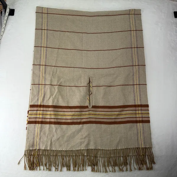 Madewell Placed Plaid Cape Scarf Poncho Fringe Armholes Beige Brown K4535 Preppy - Image 5