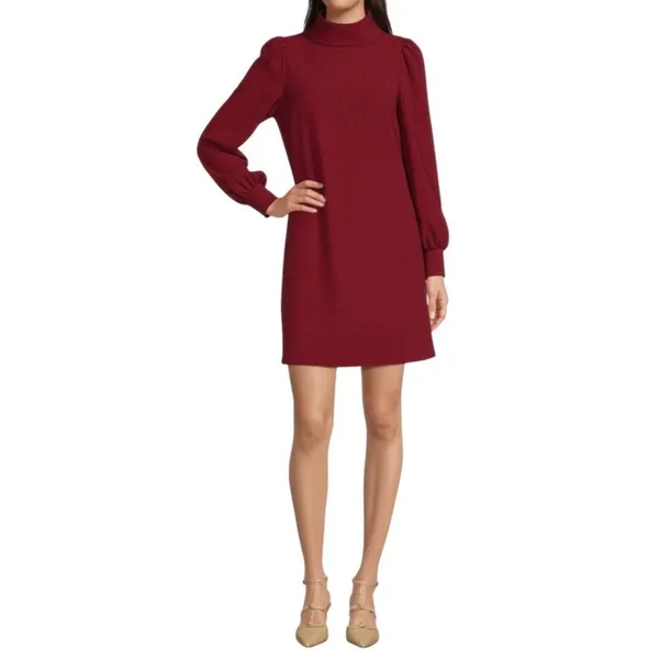 Alex Marie Womens Burgundy Funnel Neck Puff Sleeve Shift Dress 6 - Image 2