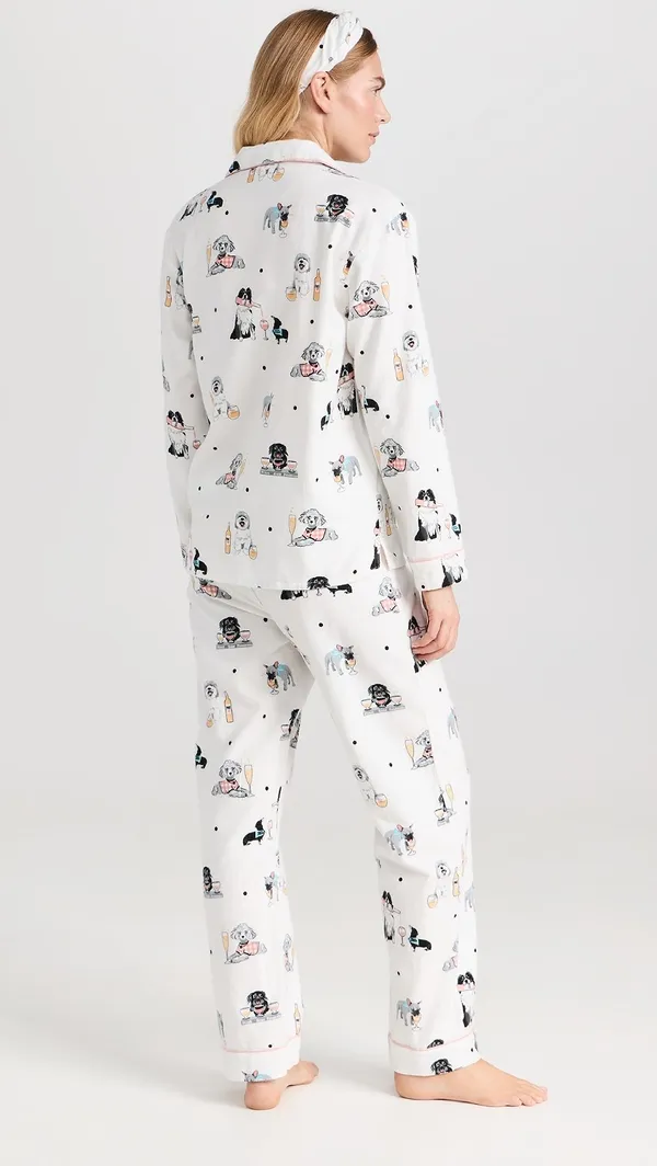 P. J. Salvage Ivory Puppy Print Flannel Long Sleeve Pajama Top and Headband Set - Image 2