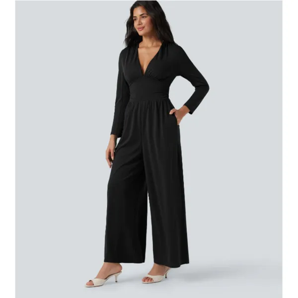 NWT Black V Neck Long Sleeve Ruched Jumpsuit with Pockets-Easy Peezy Edition M - Image 2