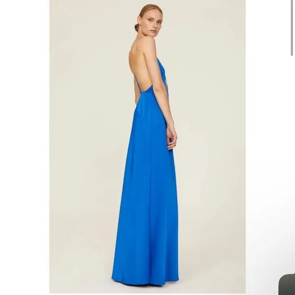 Aidan Mattox Azure Blue V-Neck Satin‎ Halter Bias Draped Gown Dress - Image 2