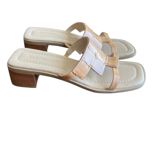 Danelle Vintage Tan Leather Woven Slide Sandals Block Heel Square Toe Boho 5M - Image 4