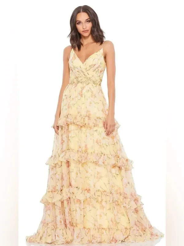NWT Mac Duggal 67794 Yellow Tiered Floral Chiffon Gown Size 2 - Image 3