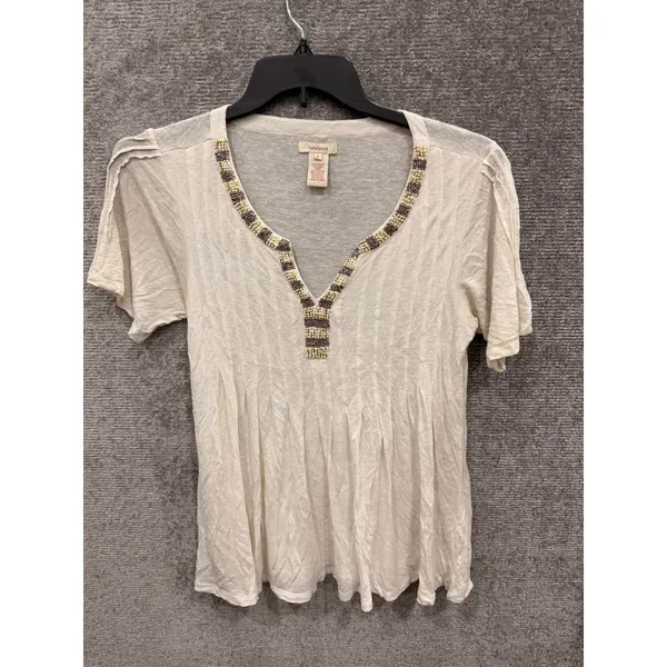 Sundance Womens Top Size S Cream Beaded V-Neck Babydoll Linen Blend Short Sleeve - Image 4