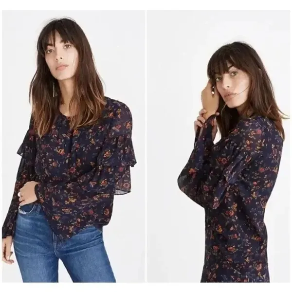 Madewell Blue Floral Ruffle Sleeve in Climbing Vine Blouse Shirt Top SZ S #2214 - Image 14