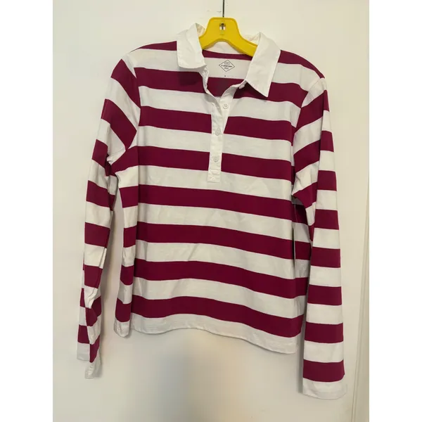 St. John's Bay Long‎ Sleeve Polo Shirt Magenta Jewel Stripe Small NWT Rugby - Image 2