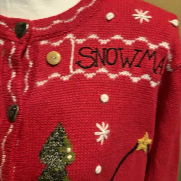 Quacker Factory Sweater VTG Cardigan Christmas Snowman Red Holiday Knit Medium‎ - Image 7