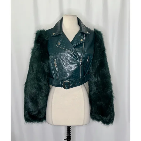 AZALEA WANG Nolla Faux Fur Arms Croc Moto Jacket Jade Green Vegan Leather Medium - Image 2