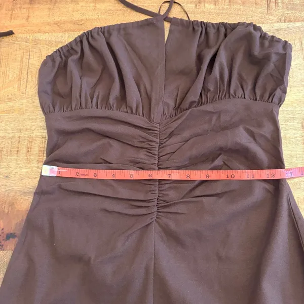 Riot Swim Dani Halter Maxi Dress S Ruched Backless Linen Resort Beach Brown NWT - Image 11
