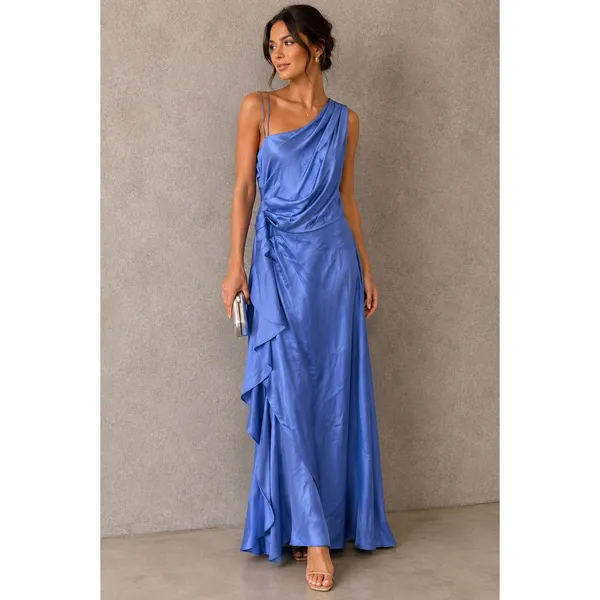 Adrianna Papell Women Gown 6 Blue Satin Crepe One Shoulder Ruffle Side Slit - Image 10