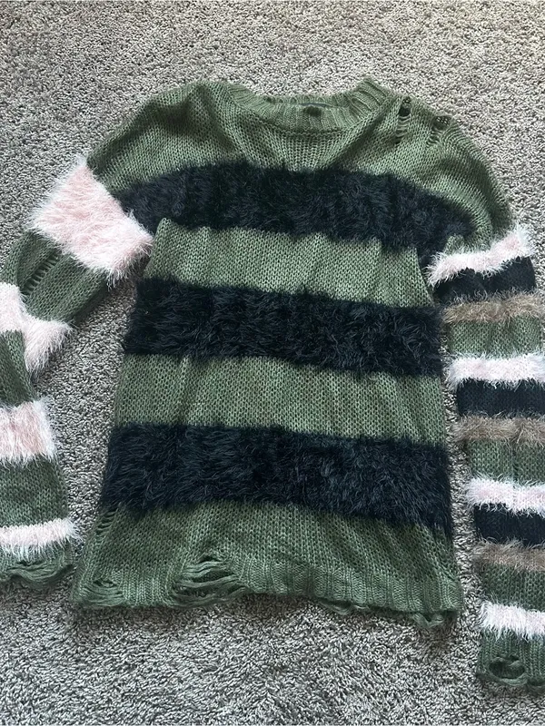 Women’s Olive Green Striped Fuzzy Knit Sweater - Image 2