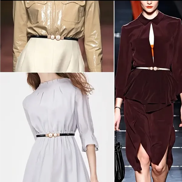 Thin Double Faux Pearl Buckle‎ Solid Color PU Leather Waist Thin Belt One Size - Image 16