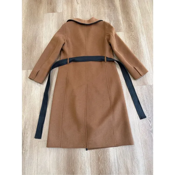 Tahari Wool Blend Faux Leather Trim Belted Coat Caramel Size Medium - Image 13