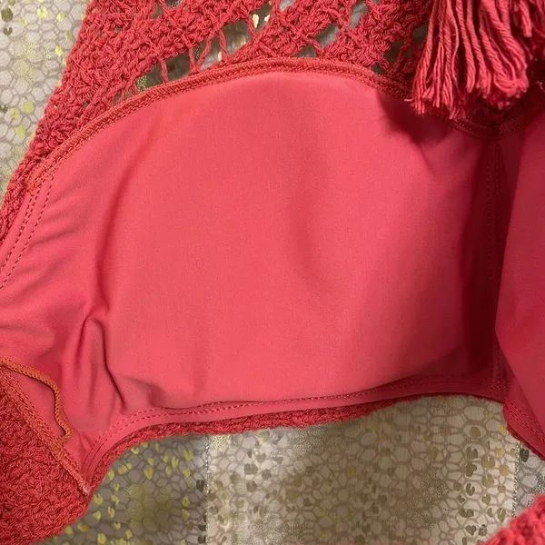 Crocheted burnt‎ rust orange high neck halter boho bikini swim top, size M/L - Image 7