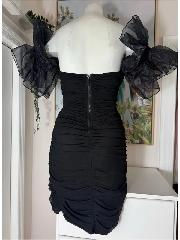 Black Ruched Bodycon Mini Dress Sweetheart Organza Ruffle Sleeves Size Small - Image 7