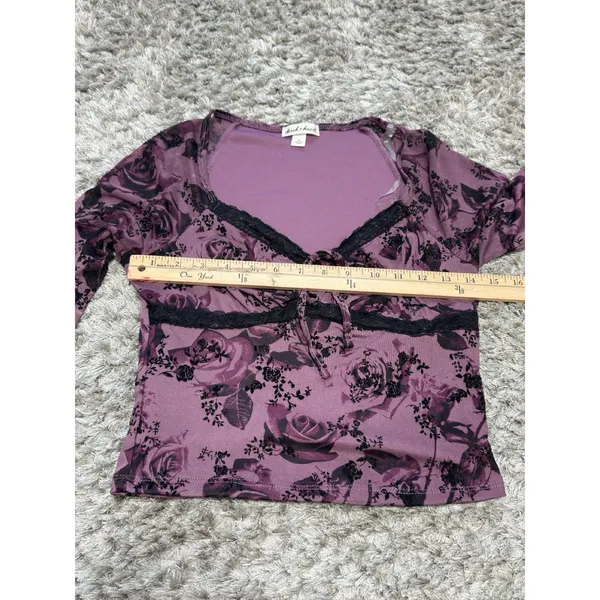 Derek Heart Y2K Purple Mesh Floral Lace Trim Long Sleeve Crop Top Grunge Blouse Women’s M - Image 12