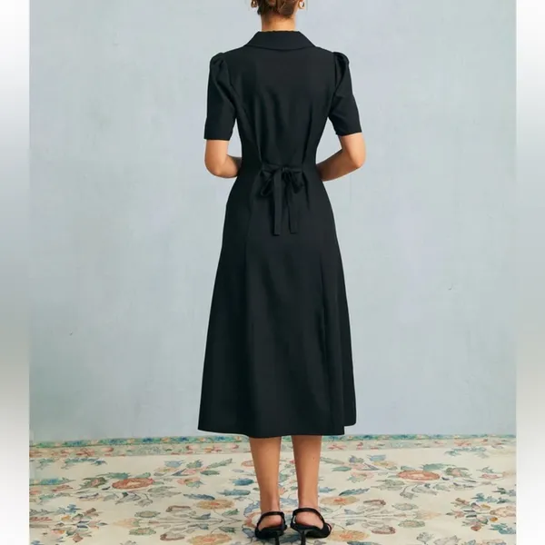 Rihoas The Black V Neck Button Puff Sleeve Midi Dress - Image 3