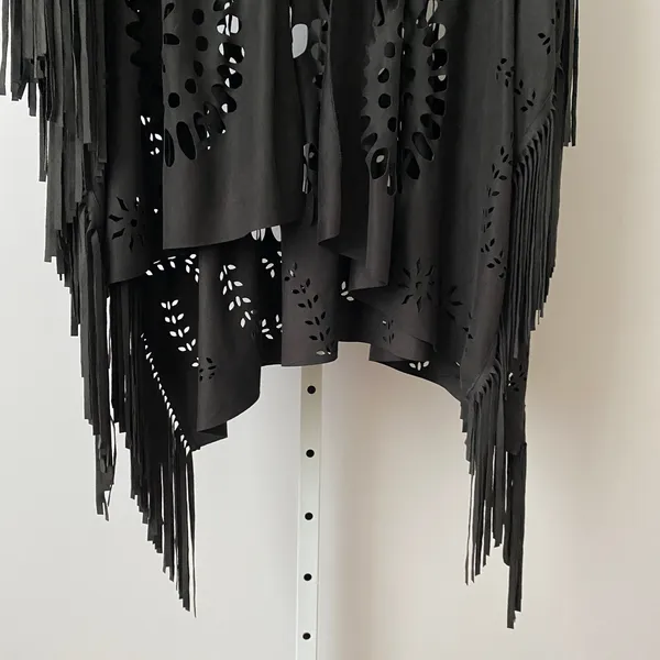 Whimsigoth Faux Suede Boho Western Witchy Laser Cut Fringe Shawl Kimono OS Black - Image 3