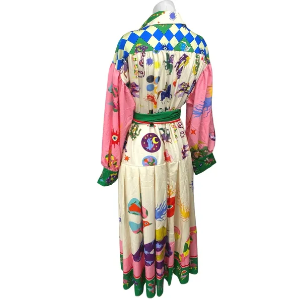 Women's Multicolor Graphic Long Balloon Sleeve Belted Maxi Shirt Dress Size XXL - Image 3