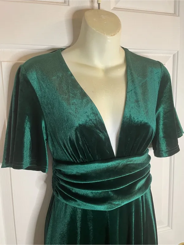 Baltic Born Deep Green V Neck Velvet Maxi Dress Side Slit Size Small kelly - Image 3