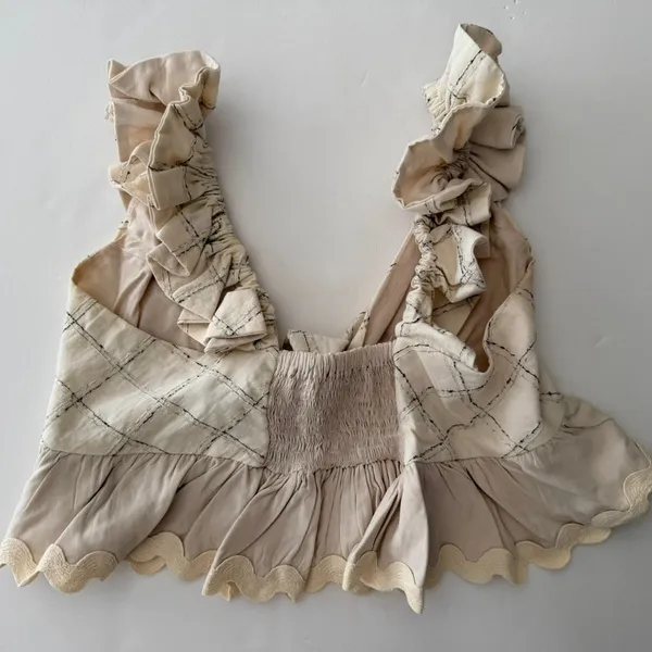 Anthropologie Raissa Tie Front Crop Top Small Cream Linen Check Ruffle Hem Boho - Image 7