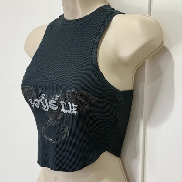 Boys Lie Tank Top One Size Black Bat Ribbed Crop Studded Gothic Y2K Streetwear - Image 6