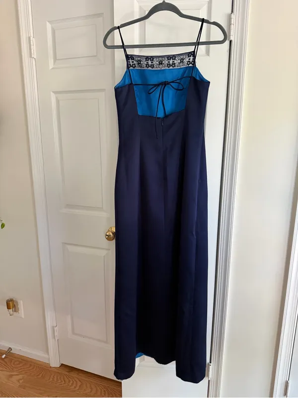 Vintage Y2K Alex Evenings Navy Satin Lace Sequin Open Back Maxi Dress Size 6 - Image 8