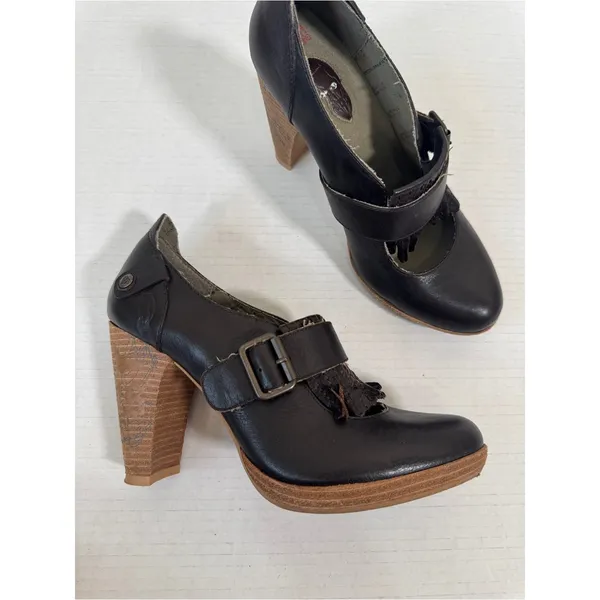 London Underground Brown Leather Mary Jane Heels Womens 8 Fringe Stacked Wood - Image 14