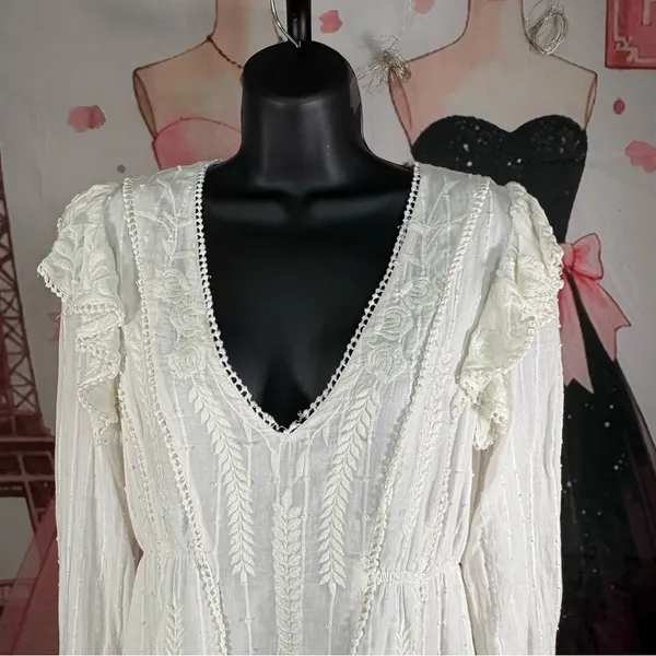 Free People White Embroidered Boho Mini Dress with Long Sleeves - Image 4