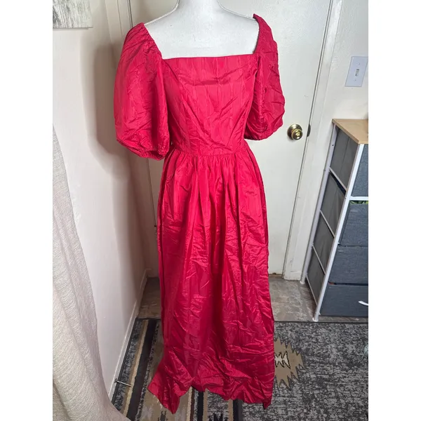 VTG 80s Romantic Red Taffeta Party Dress Puff Sleeve Square Neck Maxi Prom Gown - Image 3