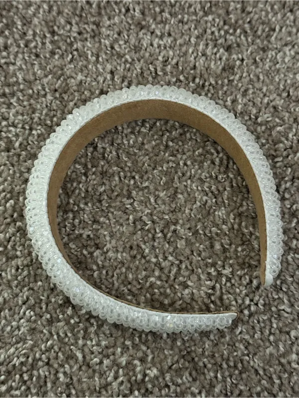 White Faceted Beaded Padded Headband Bridal Coquette Wedding Hair Accessory - Image 7