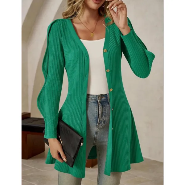 NEW Puff Long Sleeve Sweater Mini Dress Casual Button Down Ribbed L - Image 7