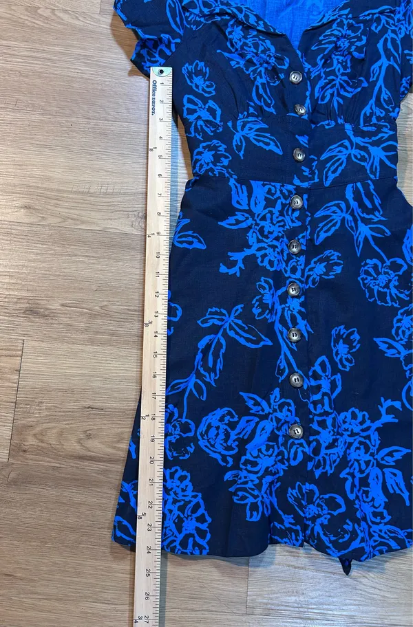 Free People 0 Blue Floral Linen Blend Button Front Tie Waist Dress Pockets - Image 9