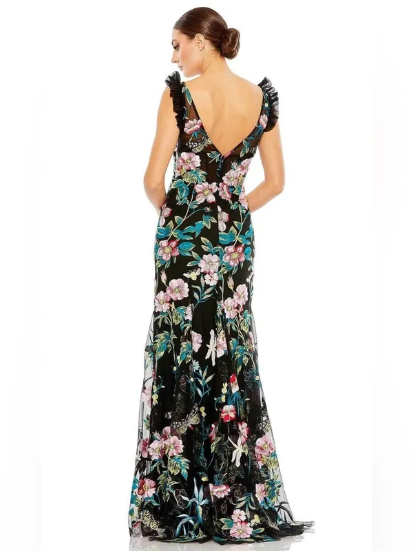 NWT Mac Duggal Embroidered Floral Plunge Neck Trumpet Gown Black Multi Size 10 - Image 5
