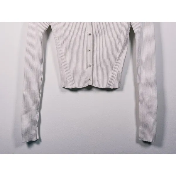 Abercrombie & Fitch Ribbed Cardigan Pearl Button S Ivory Preppy Old Money Y2K - Image 6