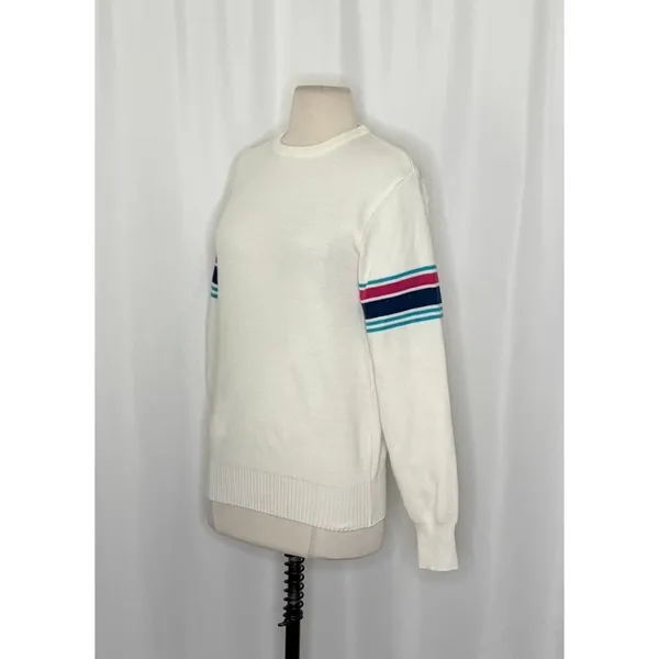 Vintage MEISTER White Stripe Sleeves Sweater Pullover Knit Sporty Outdoors Small - Image 4