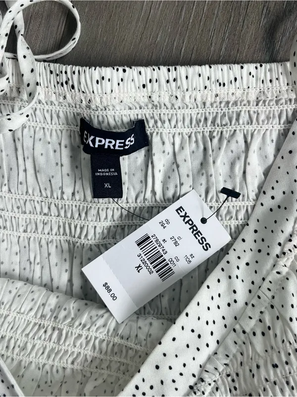 NWT Express White Black Polka Dot Smocked Midi Dress XL Tie Strap - Image 8