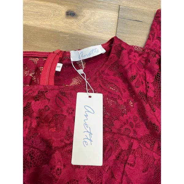 Anette NWT Small Red Wine Lace Dress High Low Hem Sheer Sleeves Lined - Image 11