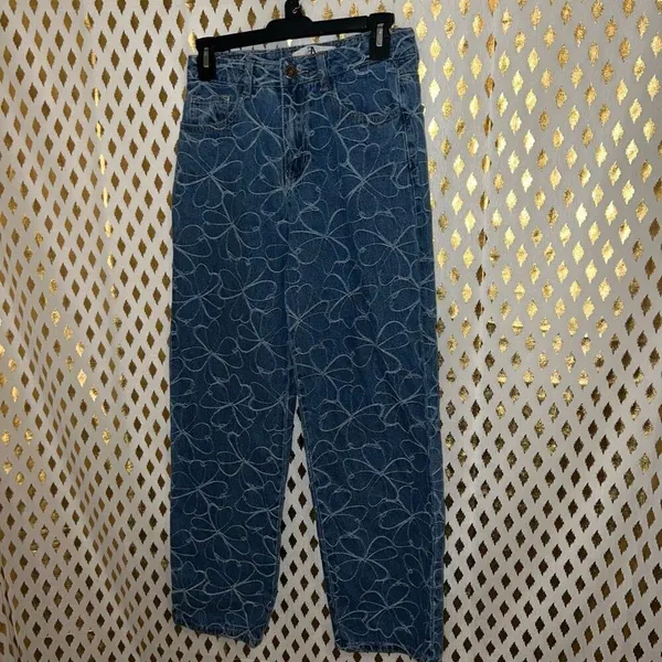 Flying Angel Floral Embroidered High Waist Wide Leg Jeans In Medium Dark Wash si - Image 2