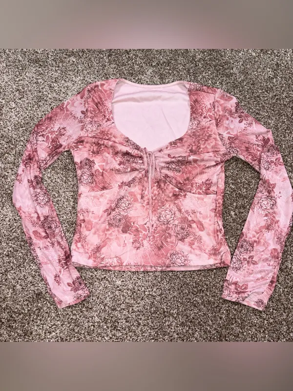 Y2K Pink Floral Mesh Long Sleeve Top Medium M tie Crop - Image 8