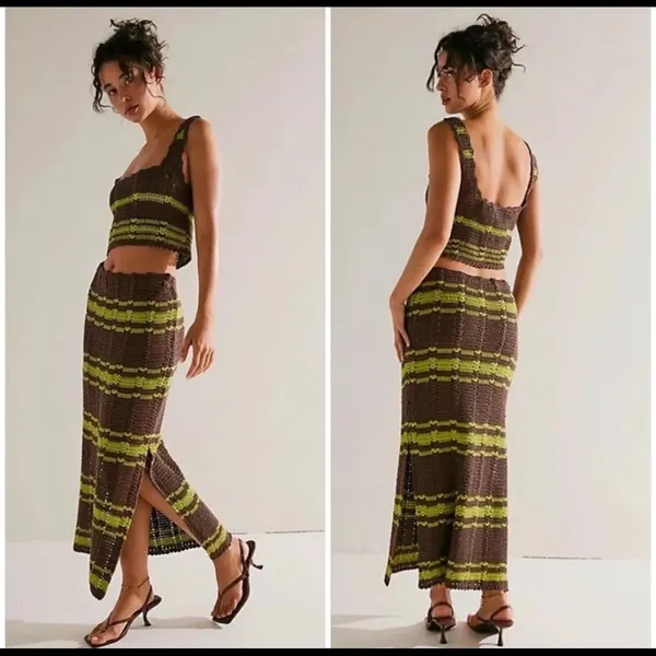 FREE PEOPLE Beach Cover up DONNI Sweater Set Crochet Skirt size small - Image 4