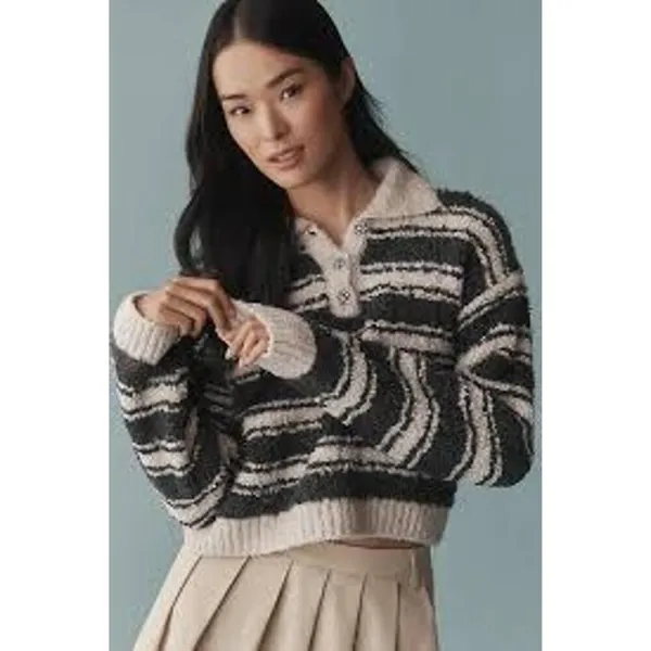 Maeve‎ Anthropologie Striped Polo Sweater Grey Cream Rhinestone Buttons sz L - Image 2