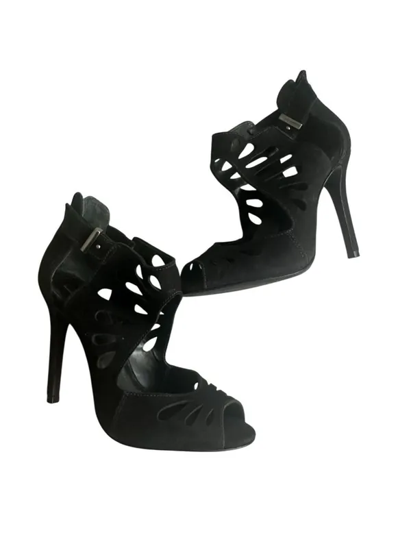 SCHUTZ Black Suede Zip Sandals Heels Size 6.5 - Image 2